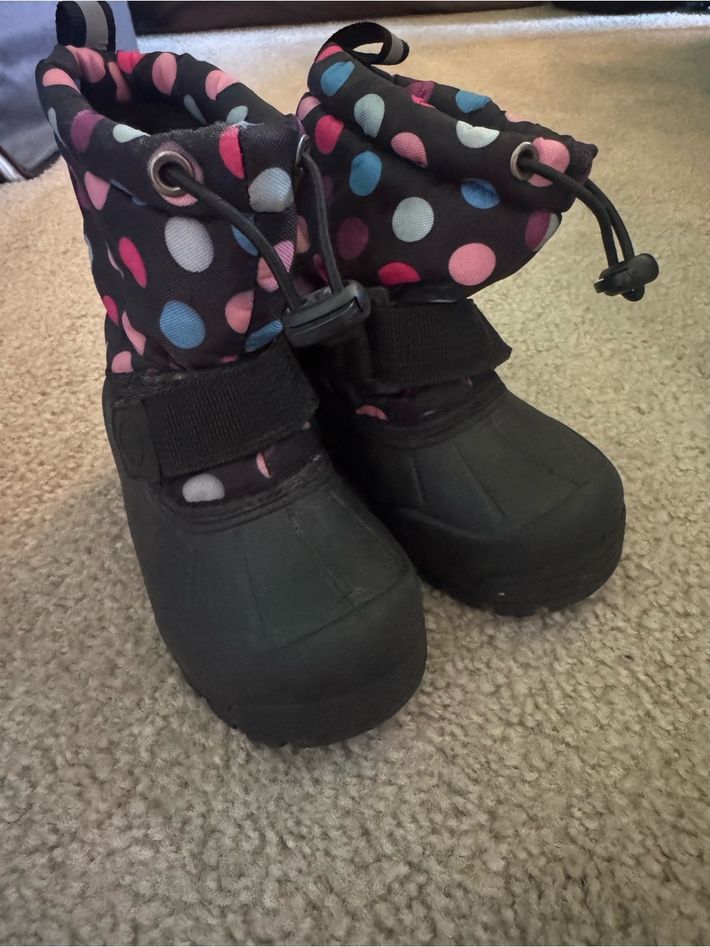 3M Thinsulate Insulated Kids Snow Boot - Black with Pink, Blue & Gray Polka Dots